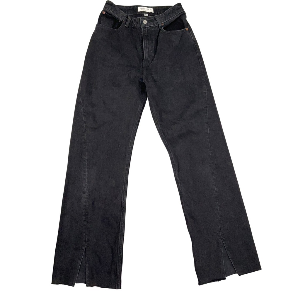Abercrombie & Fitch 90s Relaxed Jean Womens 26/2L Black Split Raw Hem Grunge